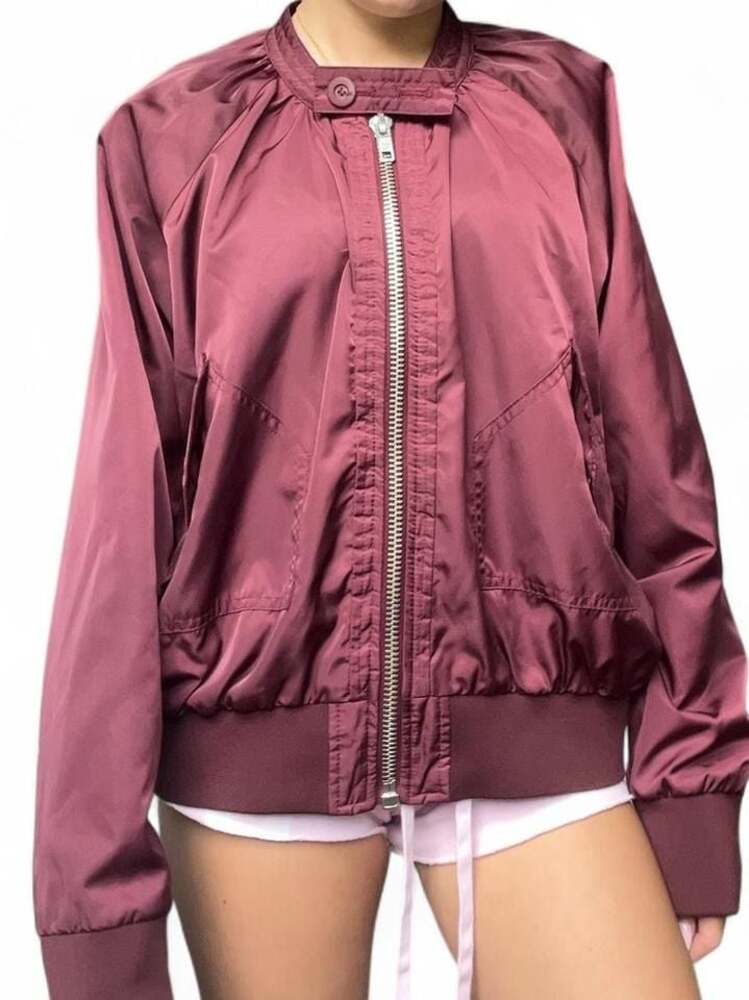 Free people Maroon Satin Full Zip Bomber Jacket - Women's L